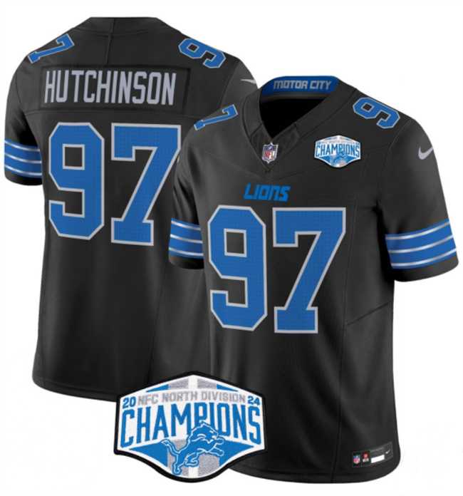 Mens Detroit Lions #97 Aidan Hutchinson Black 2024 NFC North Champions F.U.S.E. Vapor Limited Stitched Jersey
